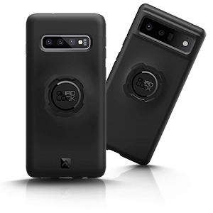 Due custodie per cellulari Quad Lock nere per vari modelli di Google Pixel.